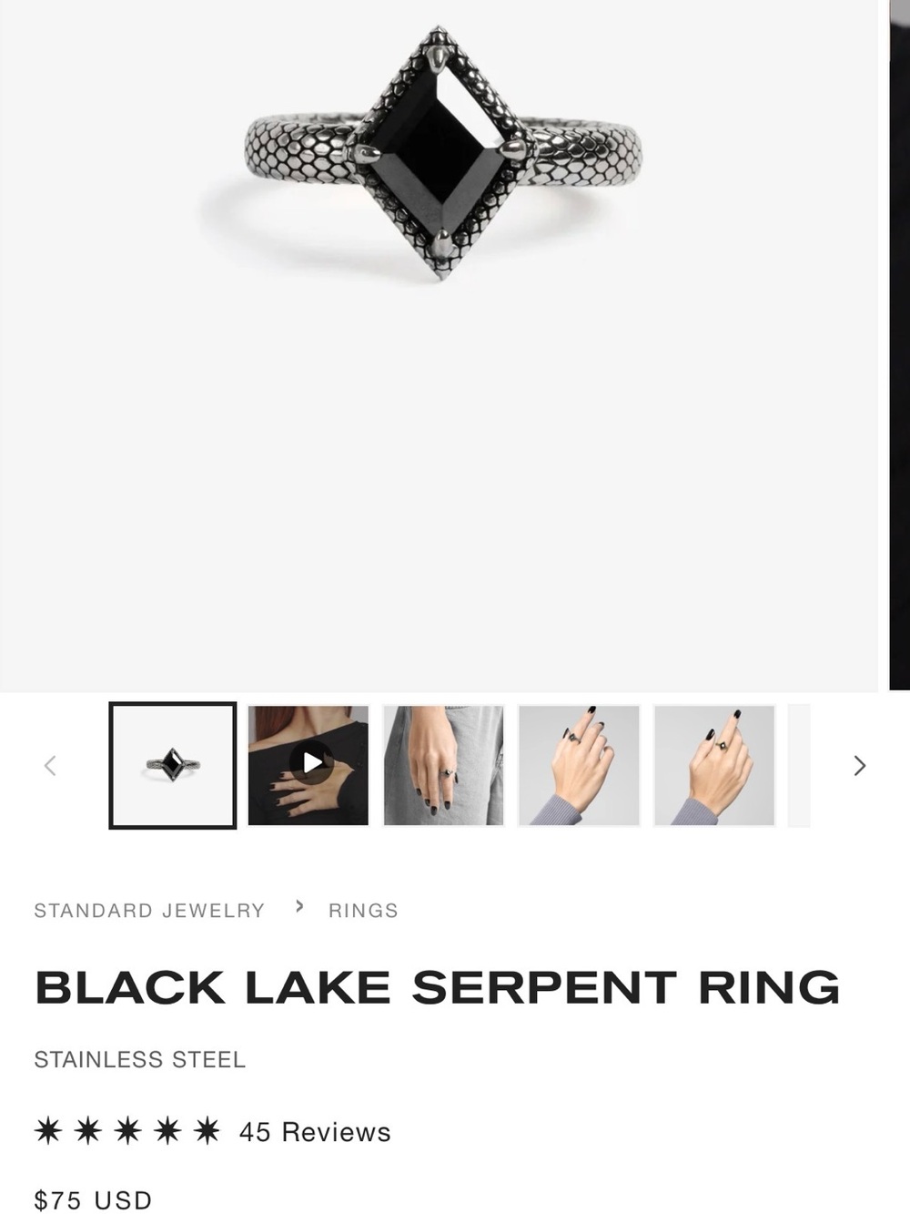 Stainless steel snakeskin black diamond statement ring